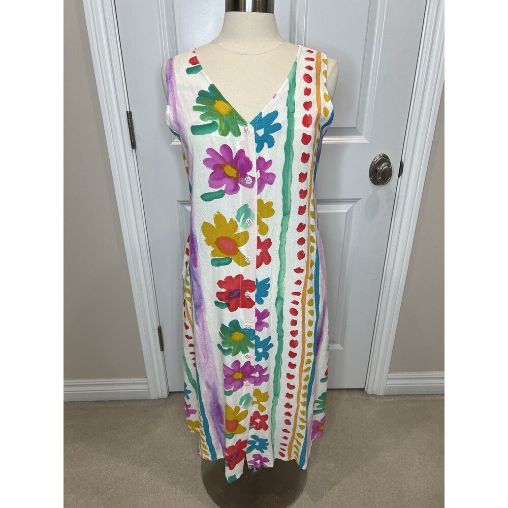 Jams World 90's VTG Sz L Floral Shirt Dress Midi Art to Wear Pockets Sleeveless